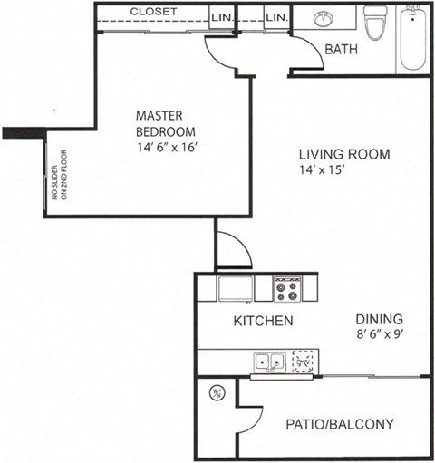 Floor plan for 1 bed, 1 bath, 765 sqft